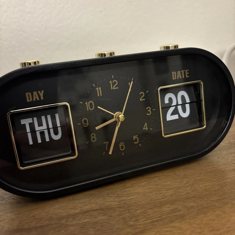 XO Poppy Retro Flip Desk Clock - Day Date, Analog Display Black & Gold Decor